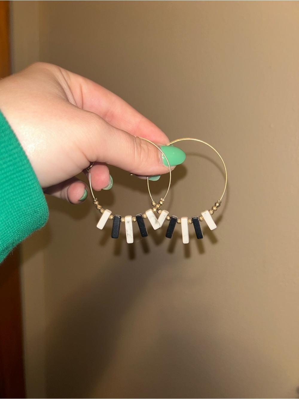 Gold Hoop Earrings with Black and Cream Bar Charms
